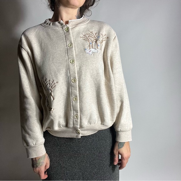 VINTAGE Snow Bunny Cottagecore Button Front Cardigan Sweatshirt Womens Medium P - Picture 6 of 8